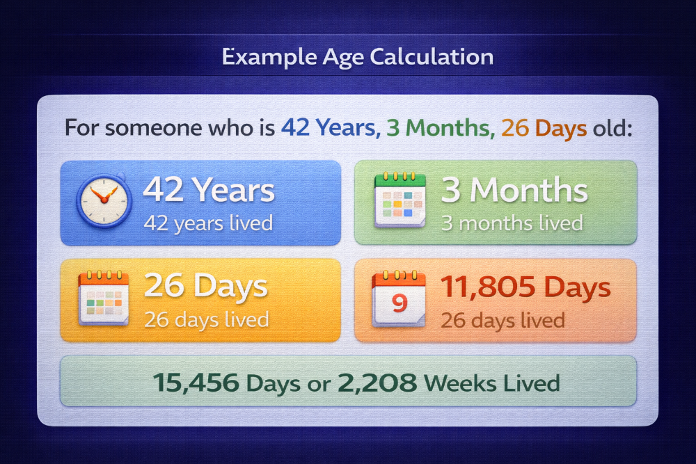 Example age calculation showing years months days weeks total time lived from DOB